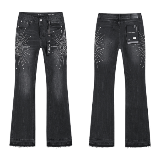 Black Washed Flared Denim Jeans with Rhinestone Sunburst Pattern